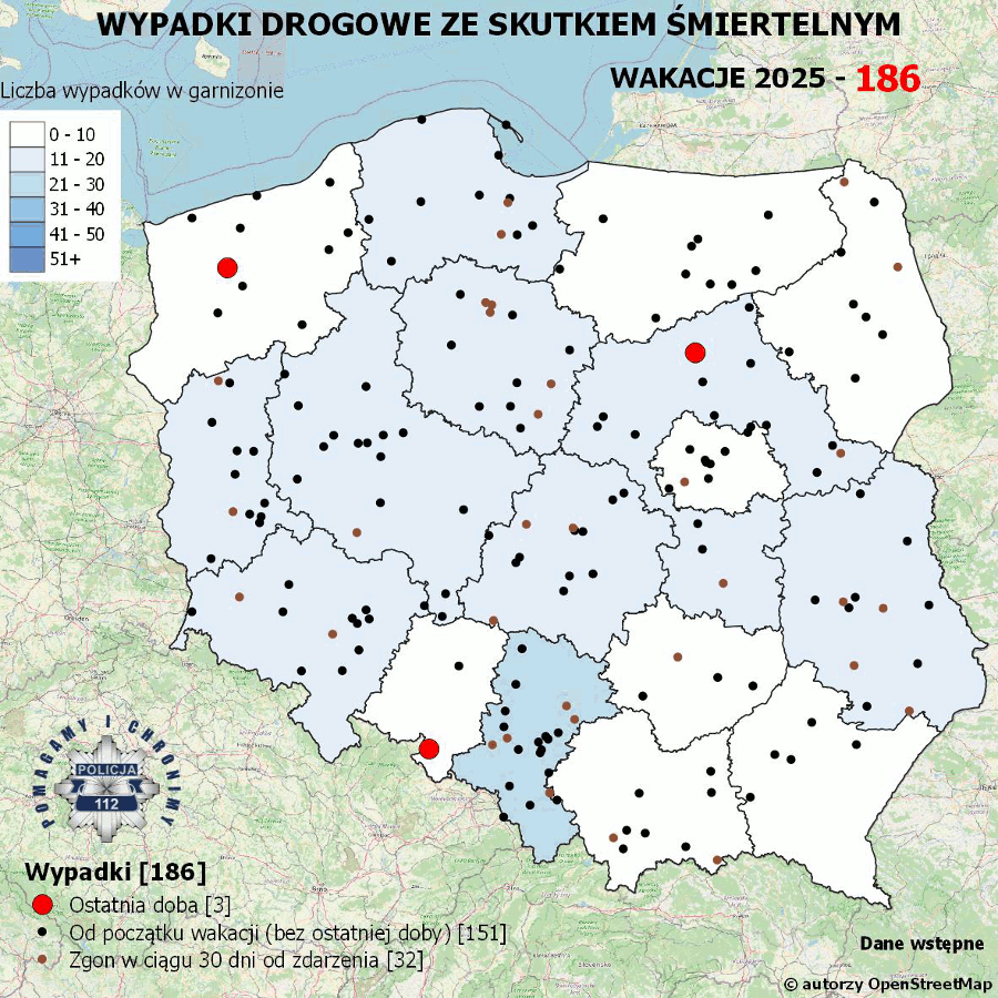 Mapa prezentująca liczbę wypadków poprzedniej doby w Polsce. Prezentowane dane są dostępne w tekście poniżej.