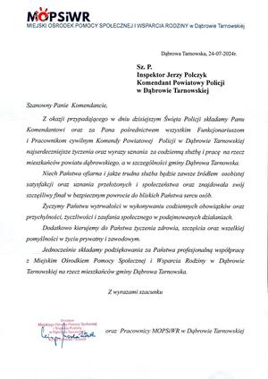 Okolicznościowy adres od dyrektora Miejskiego Ośrodka Pomocy Społecznej i Wsparcia Rodziny w Dąbrowie Tarnowskiej