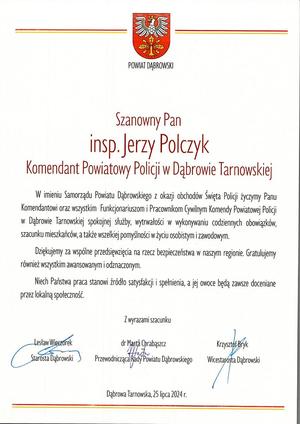 Okolicznościowy adres od Przewodniczącej Rady Powiatu Dąbrowskiego