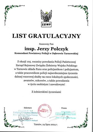 Okolicznościowy adres od Zarządu Rejonowego Związku Żołnierzy Wojska Polskiego w Tarnowie