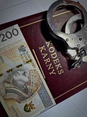 banknoty i kajdanki leżące na kodeksie karnym